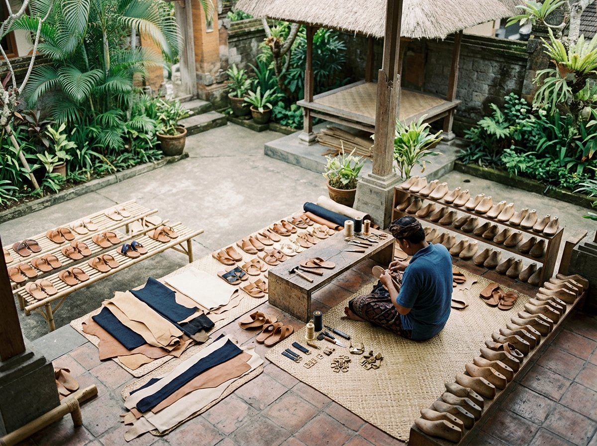Bali artisan sandal workshop with leather materials and handmade sandals