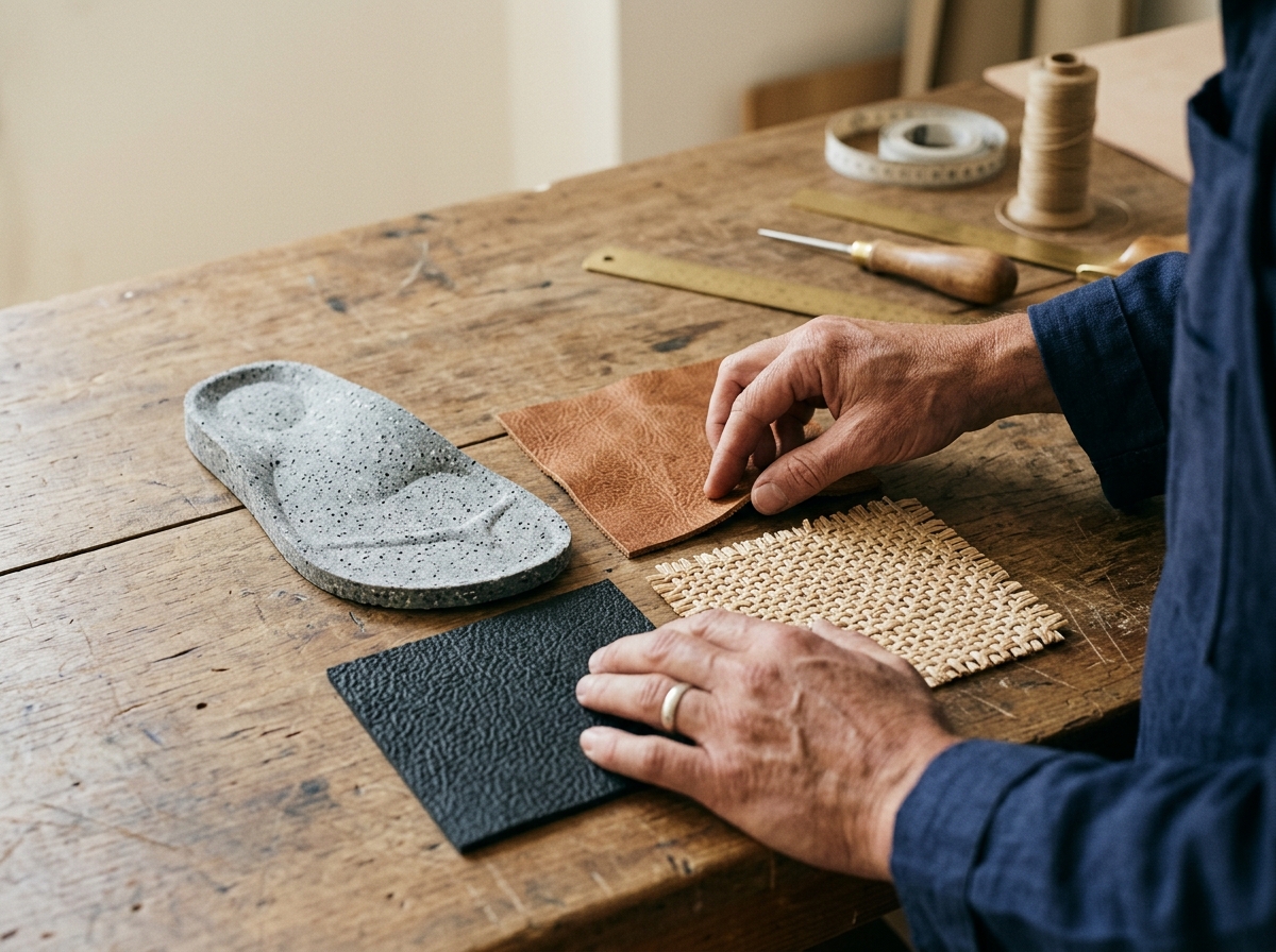 Sandal material samples including EVA foam, leather, and rubber at an Indonesian workshop