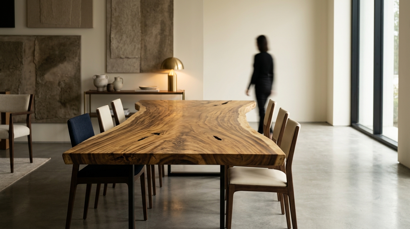 Wide suar wood live-edge dining table with natural void inclusions and rich golden-to-chocolate grain, photographed in a…