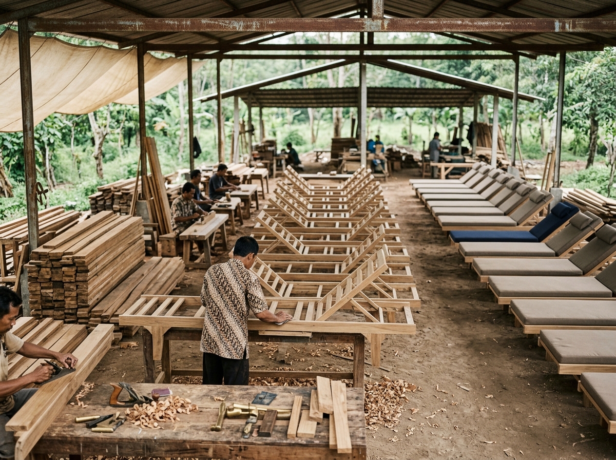 Teak sun lounger production in a Jepara furniture factory