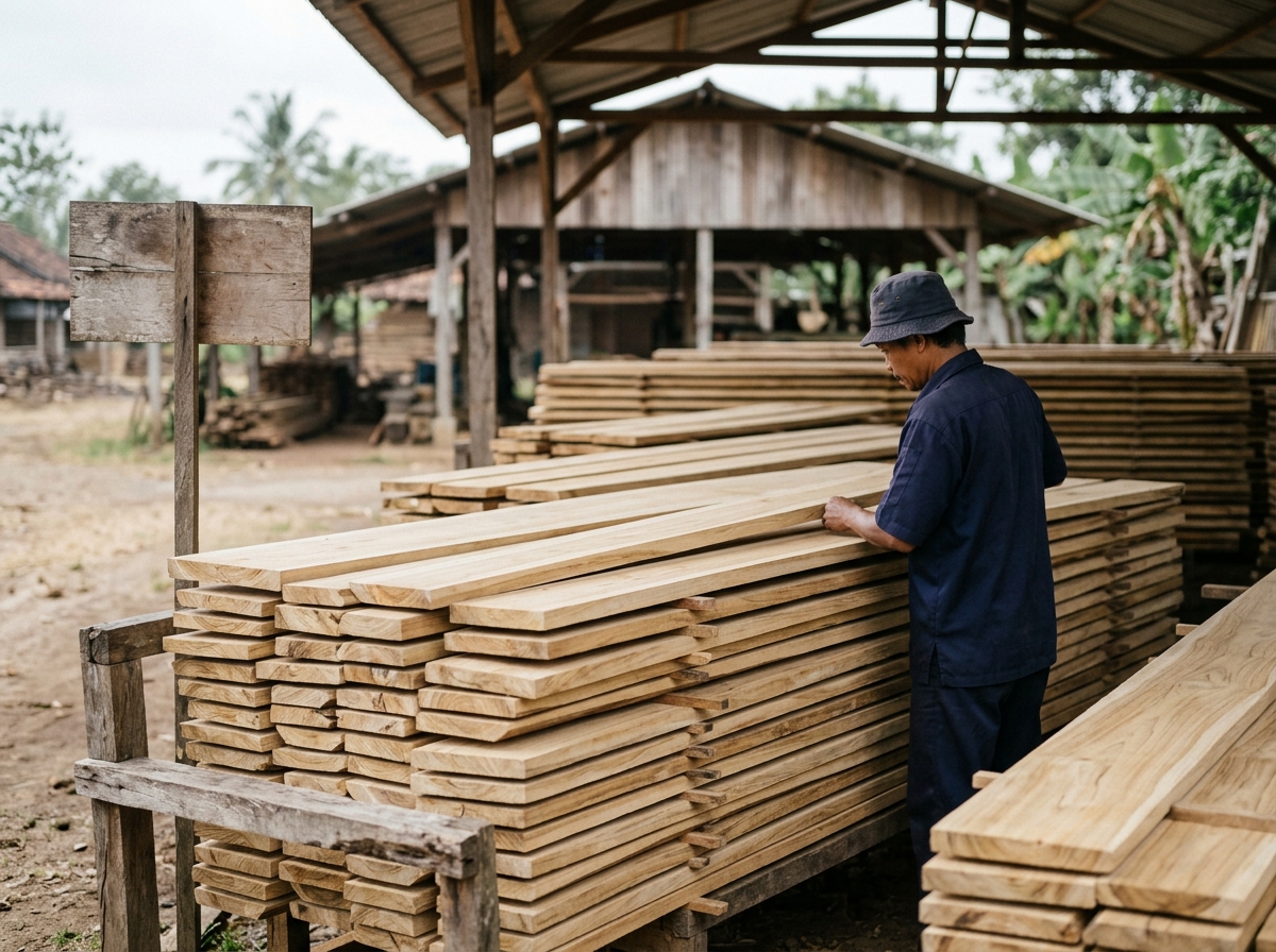 Plantation teak lumber drying in a Jepara manufacturer's yard