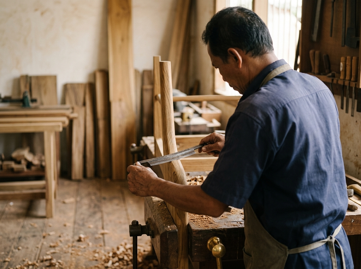 Teak furniture craftsman at work in a Jepara workshop