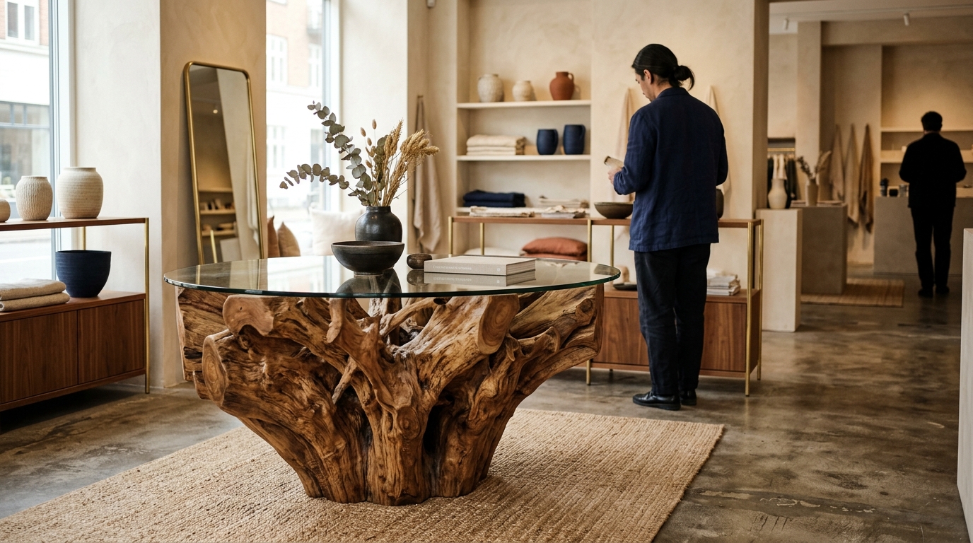 Sculptural teak root coffee table with glass top in a boutique retail showroom setting, natural organic grain visible, warm…
