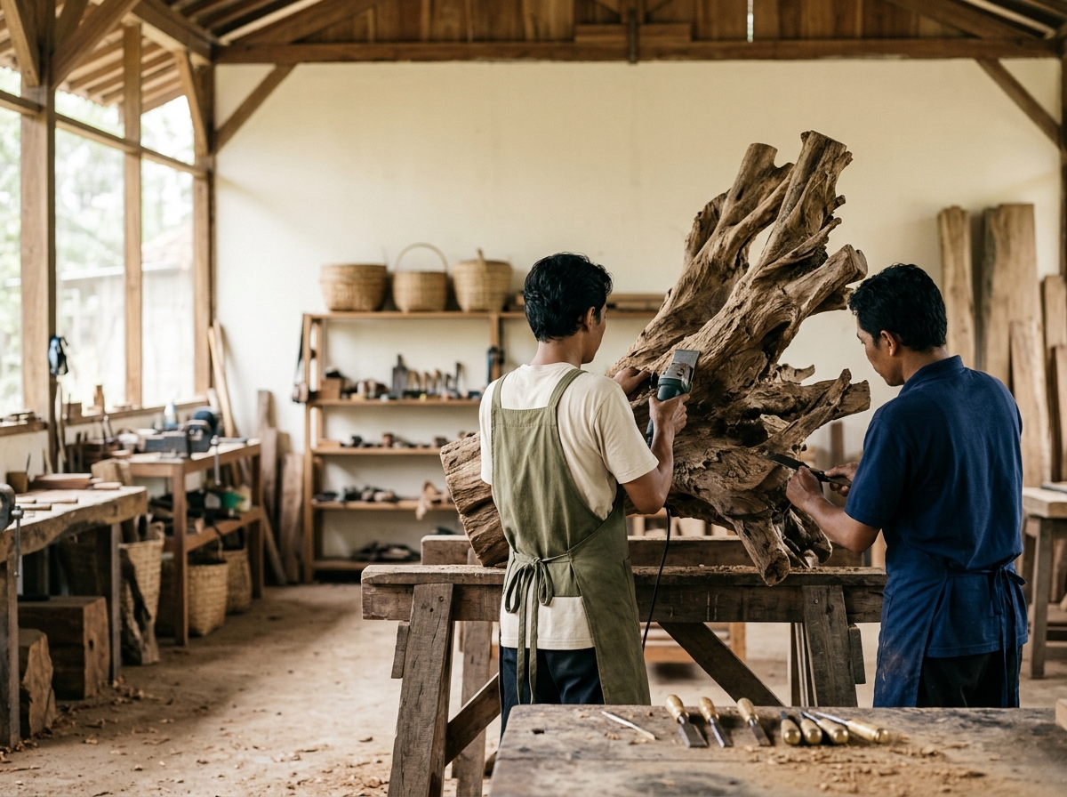 Teak root processing in Indonesia workshop