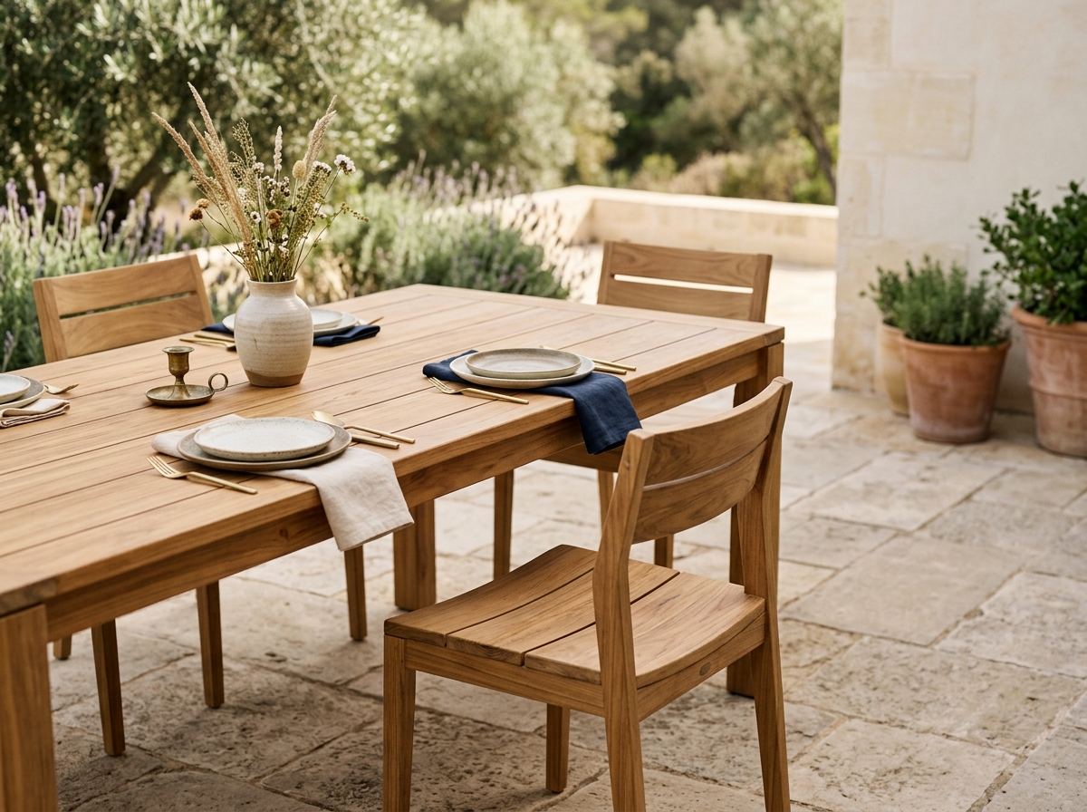 Teak outdoor furniture set on a terrace