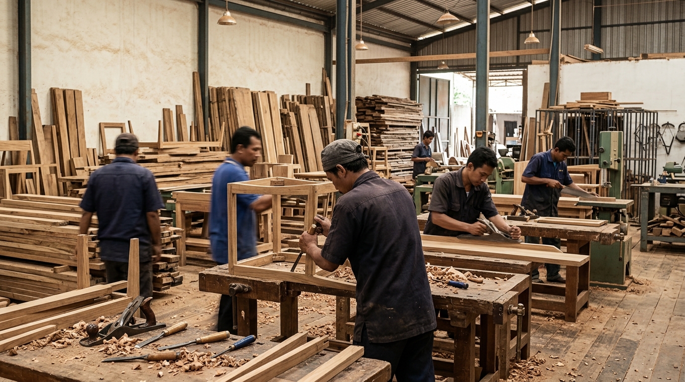 Wide-angle interior of an Indonesian teak furniture workshop in Jepara, Central Java — workers shaping solid wood…