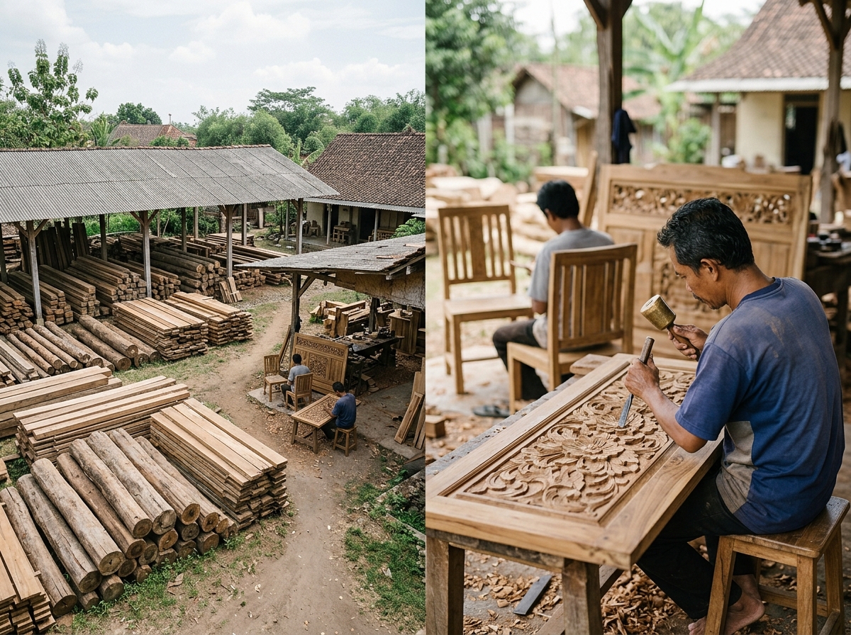 Jepara teak furniture workshop with timber yard