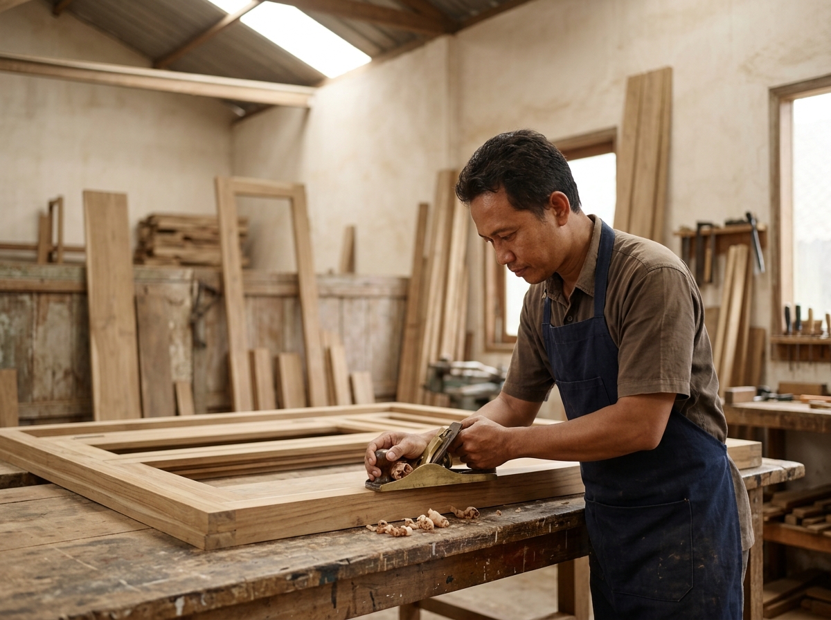 Teak window frame production in a Central Java joinery workshop